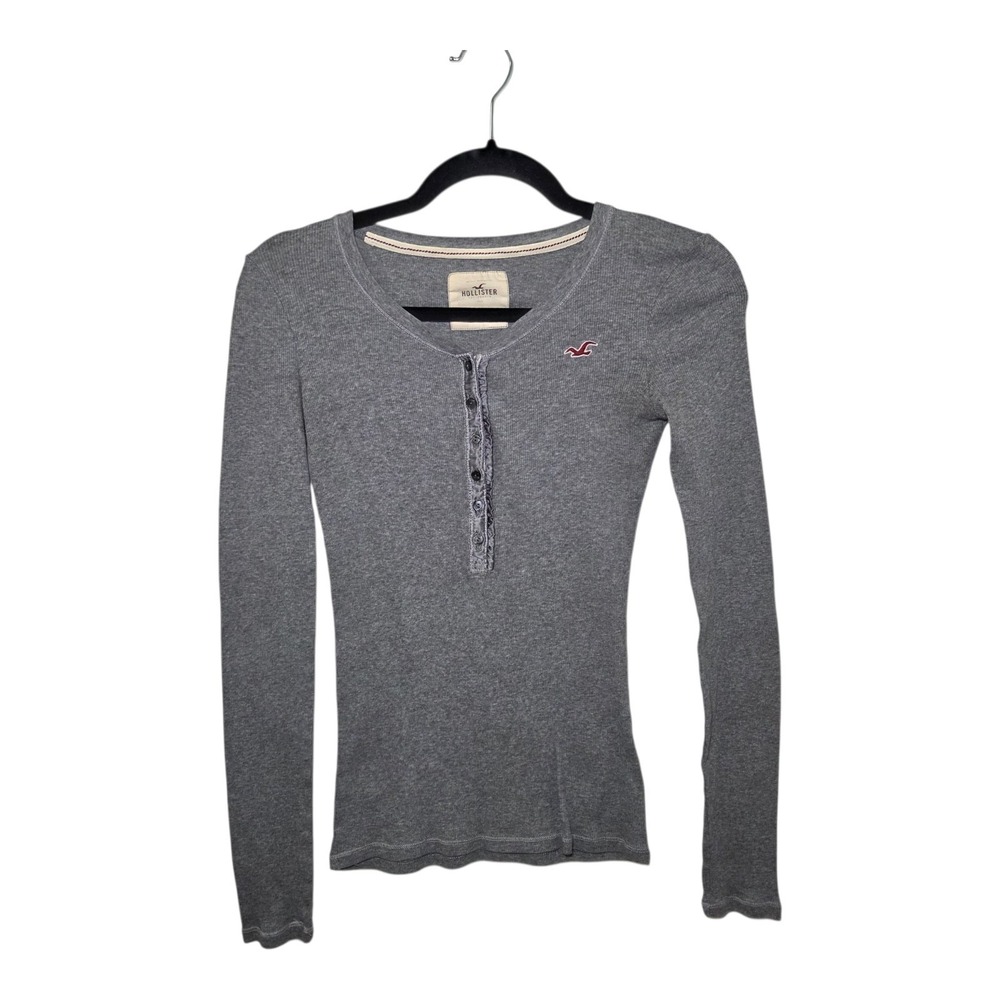 Hollister Gray Ribbed Long Sleeve Henley Top Logo Women's Size S Y2K Preppy